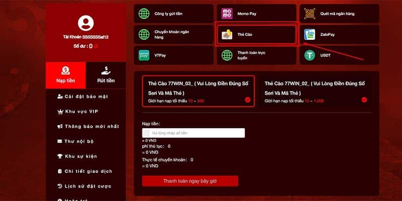 Nạp tiền 77WIN bằng Thẻ cào điện thoại