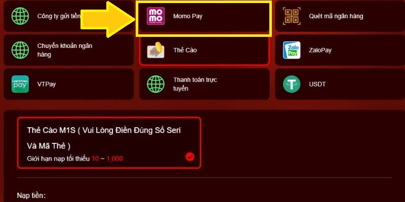 Nạp tiền vào sảnh cược 77WIN bằng Ví điện tử momo